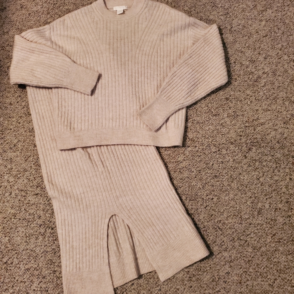 Ecru Ribbed Sweater and Midi Skirt set